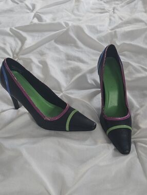 COUP D'ETAT Black Pointed Toe Pumps with Green & Magenta Trim